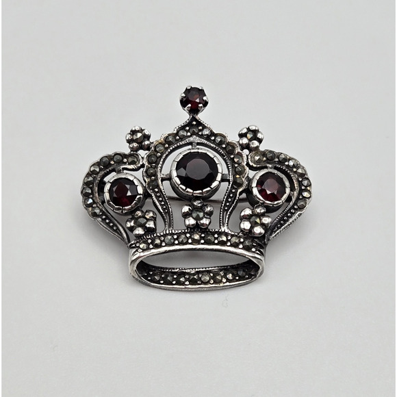 Vintage Sterling Silver Garnet Crown Brooch Ornate Marcasite Midcentury Classic